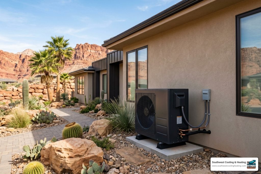 modern heat pump unit installed at a St. George residence - heat pump benefits for southern utah homeowners