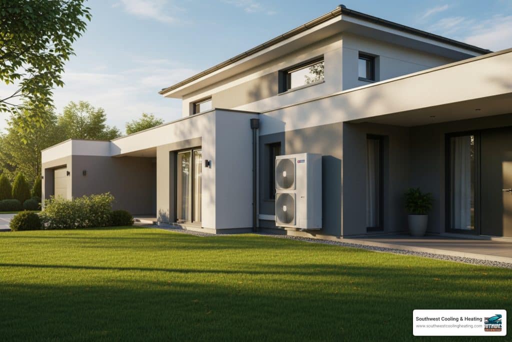 heat pump system outside modern home warm natural lighting comfort year-round
