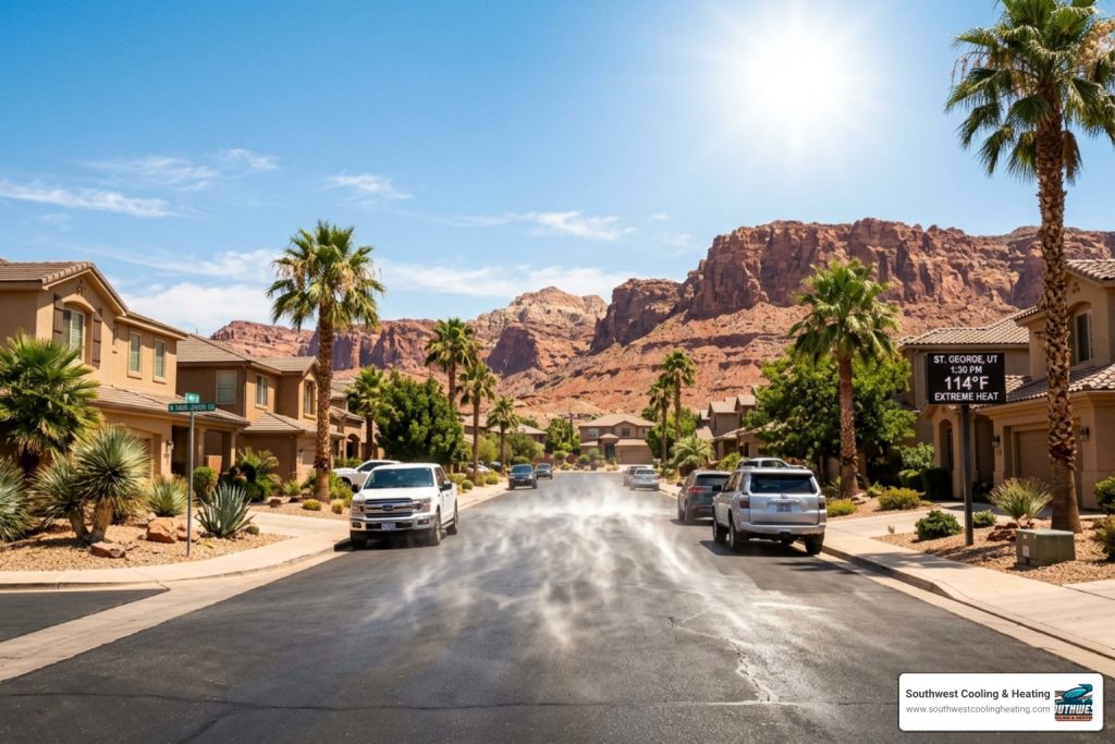 residential street in St. George Utah during extreme summer heatwave - how to stay safe during a heating or cooling emergency