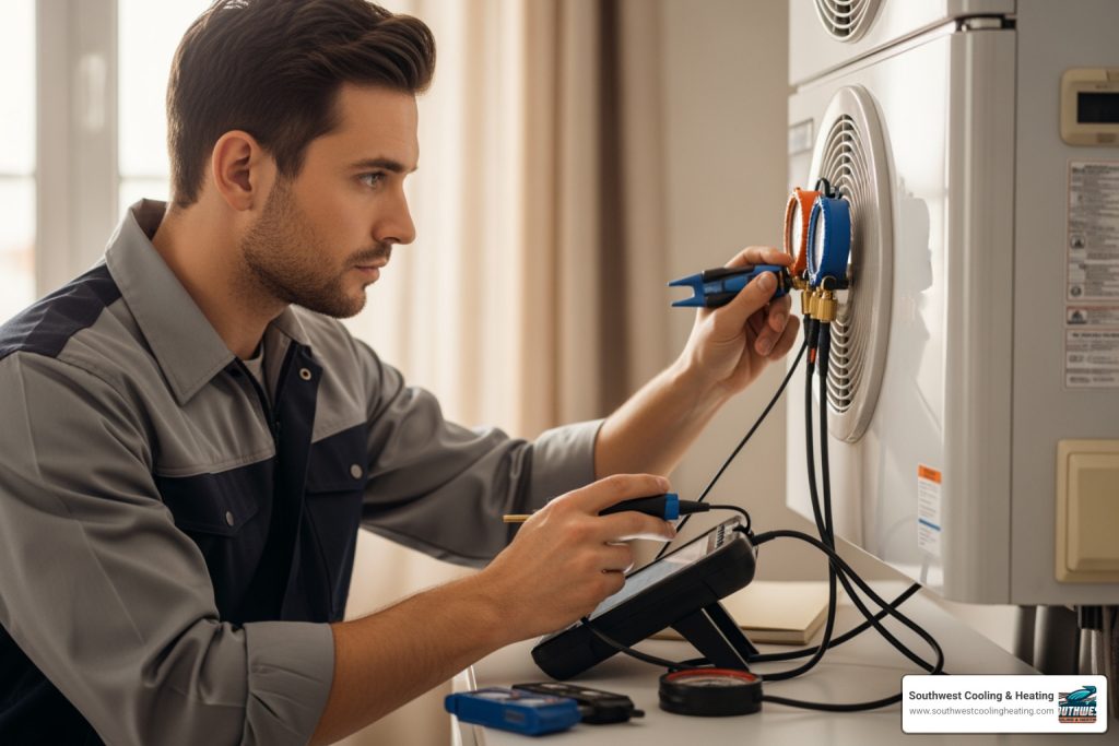 professional technician performing a precision diagnostic check on a modern HVAC unit