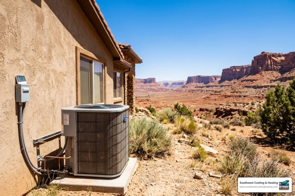 Southern Utah red rock desert landscape with extreme summer heat and residential HVAC unit - how southern utah desert heat