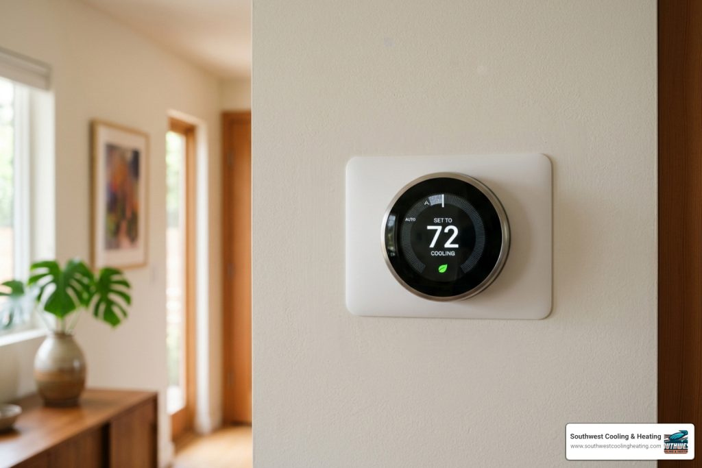 Digital thermostat on a wall showing 72 degrees and an 'Energy Savings' leaf icon - how a new hvac system increases home