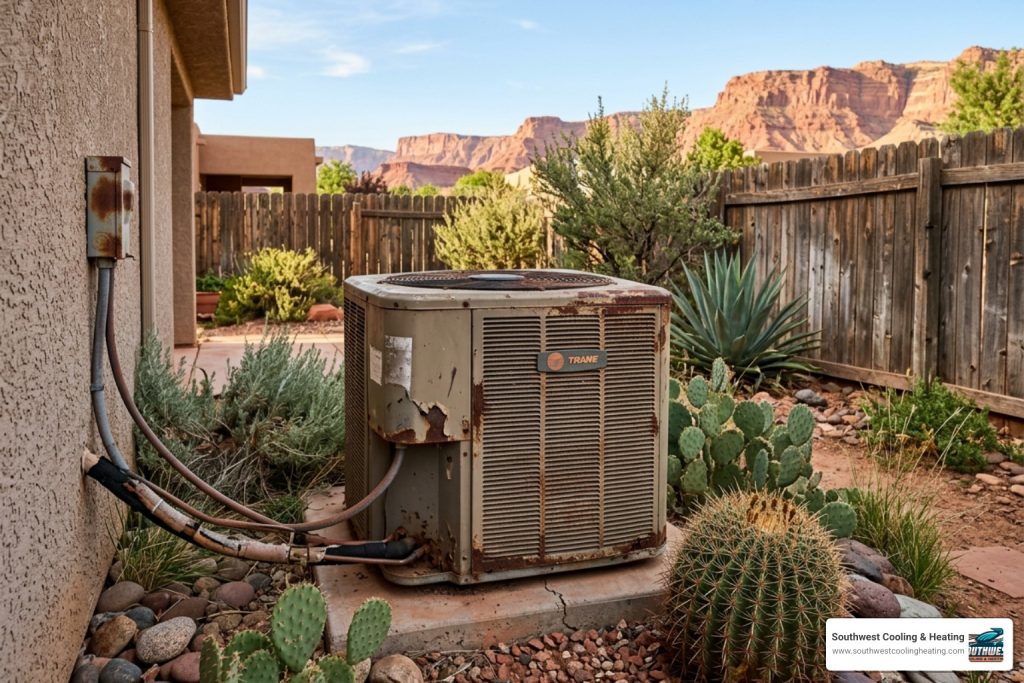 aging outdoor AC unit in a St. George Utah backyard showing wear and weathering - cost of repairing old hvac vs buying new