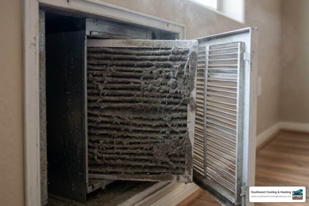 dusty HVAC filter in a dry desert climate with poor indoor air quality