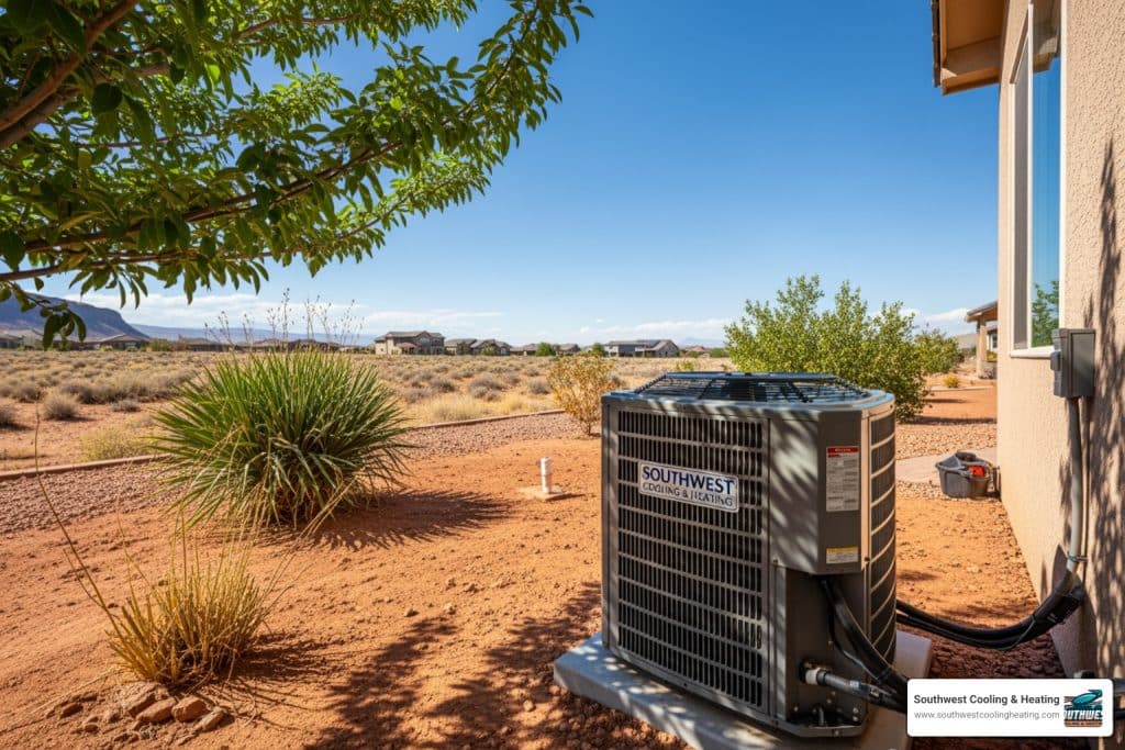 central air conditioning unit under intense summer sun in St. George Utah