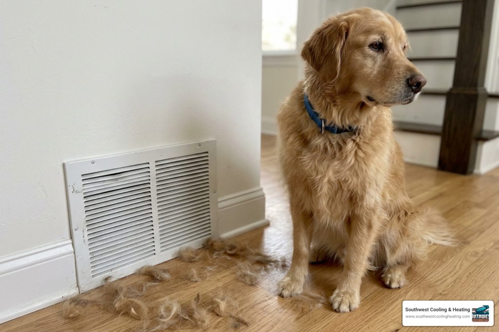 dog sitting near HVAC return vent with pet hair visible on floor