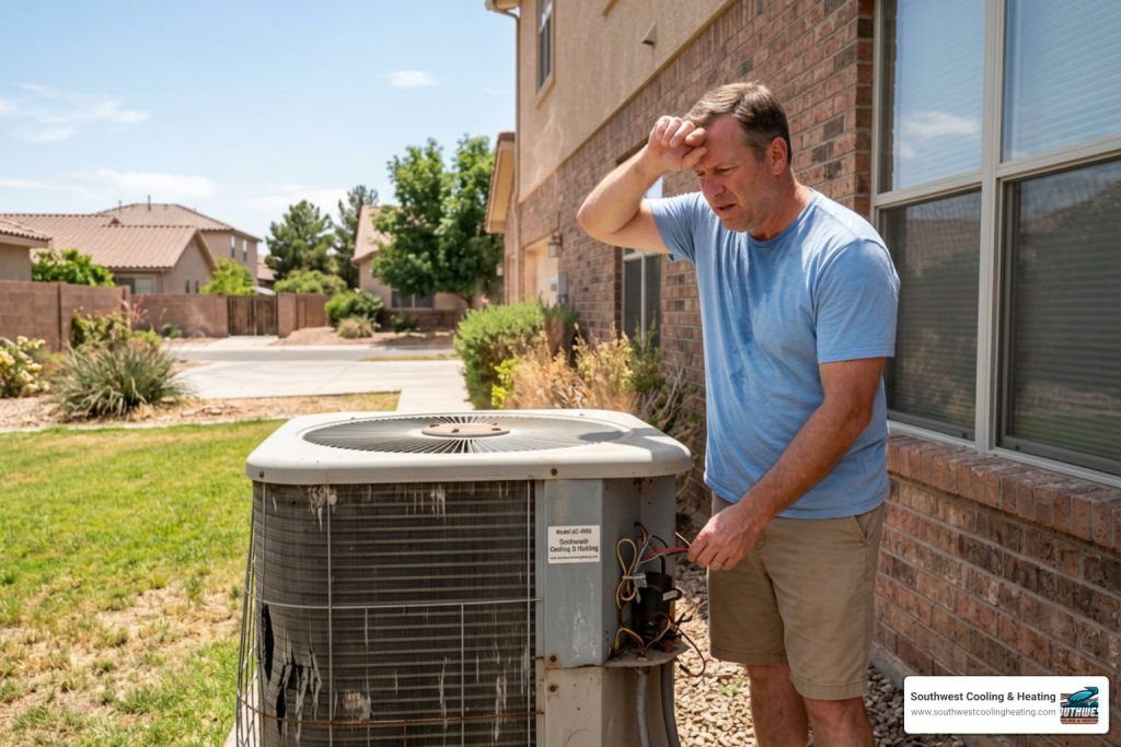broken air conditioner during hot summer weather outside a home
