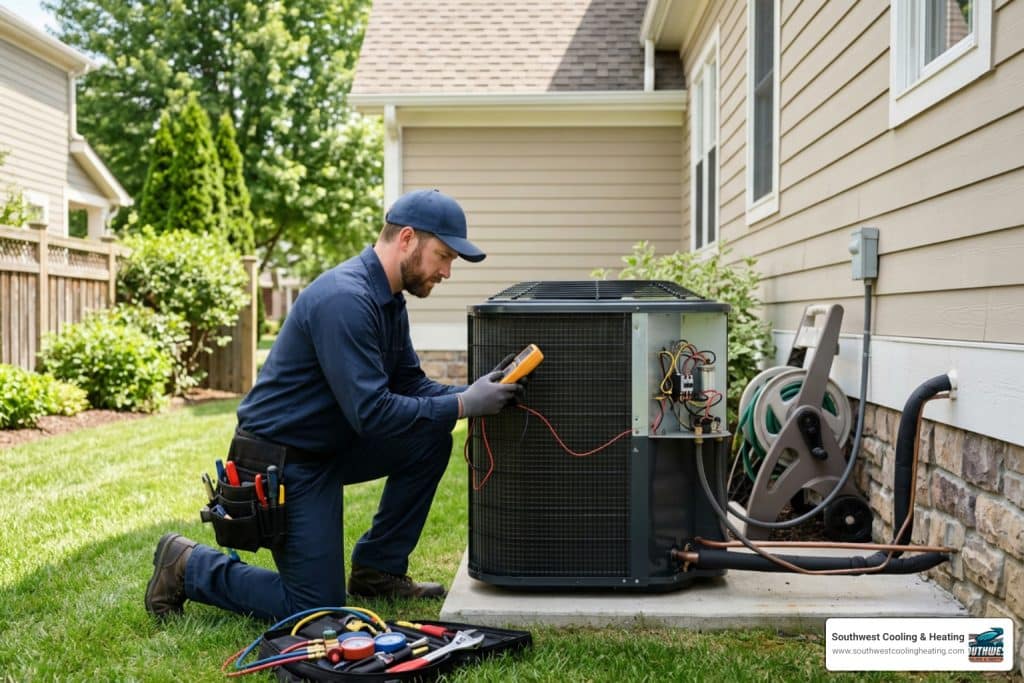 HVAC technician inspecting outdoor AC unit during seasonal maintenance visit