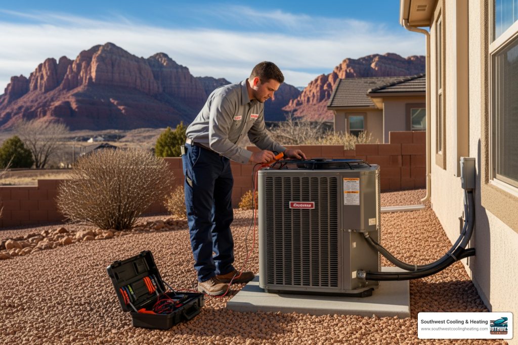 annual hvac maintenance technician inspecting residential HVAC unit Southern Utah