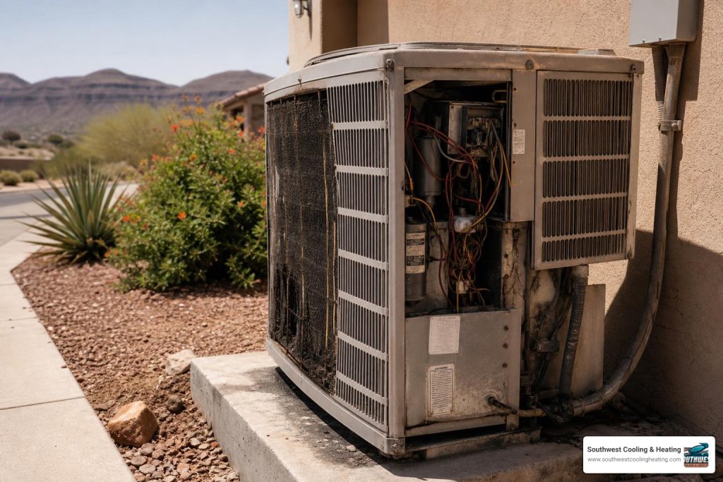 malfunctioning AC unit in extreme summer heat Southern Utah home exterior