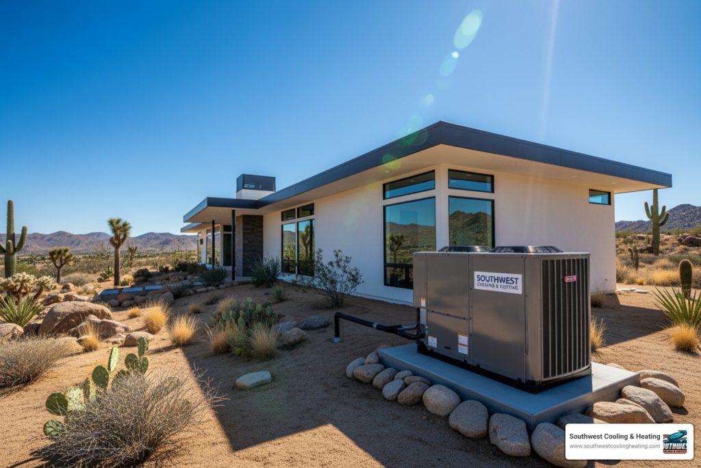 high desert home under intense sun with HVAC unit