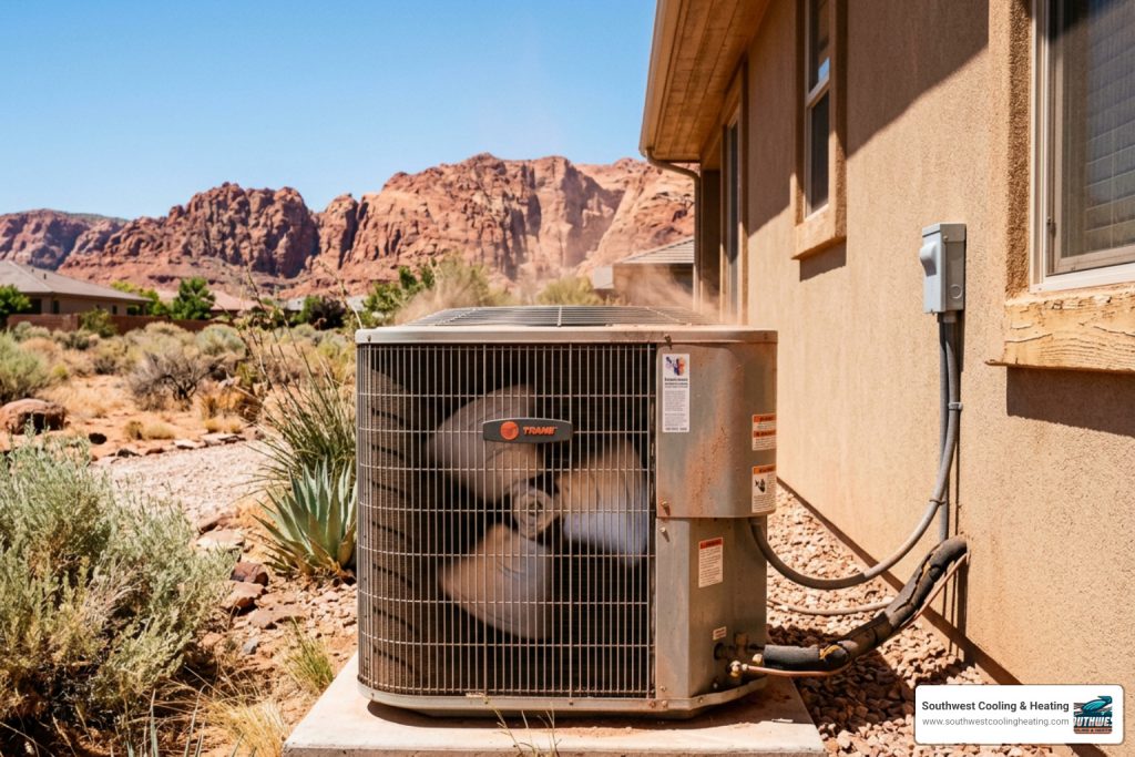 AC unit struggling in extreme summer heat, St. George Utah desert landscape