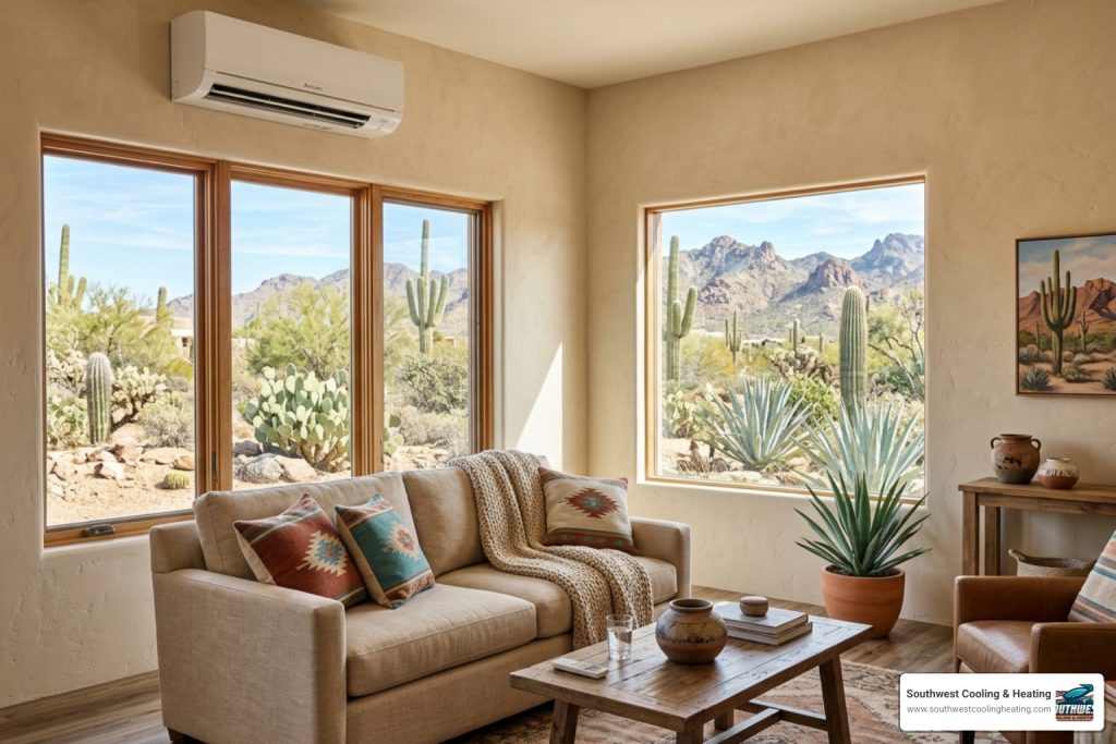ductless mini-split installed in a sunny desert living room - is a ductless heat pump worth it in the desert