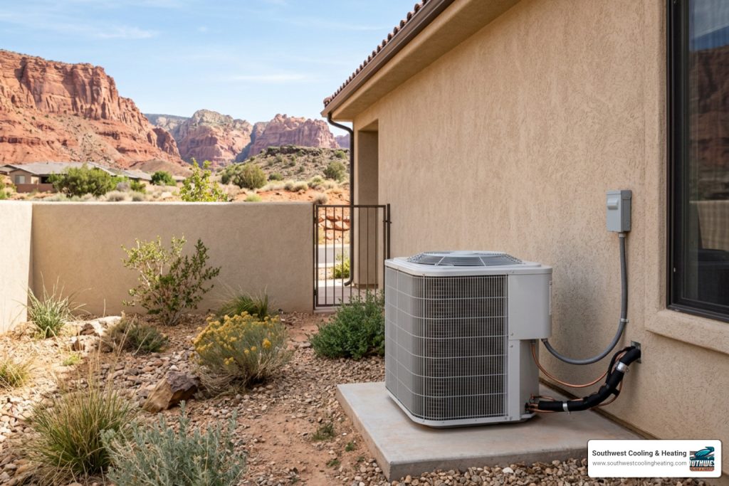 well-maintained outdoor AC unit in St. George Utah desert home backyard