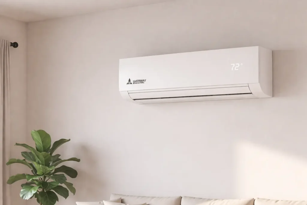 ductless mini-split indoor unit mounted on wall in modern home